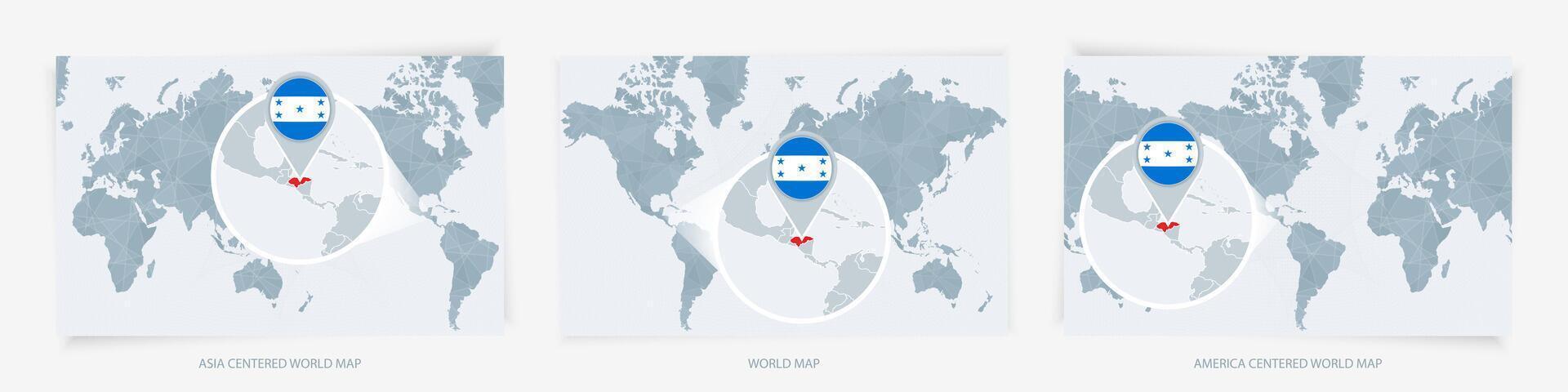 Three versions of the World Map with the enlarged map of Honduras with flag. vector