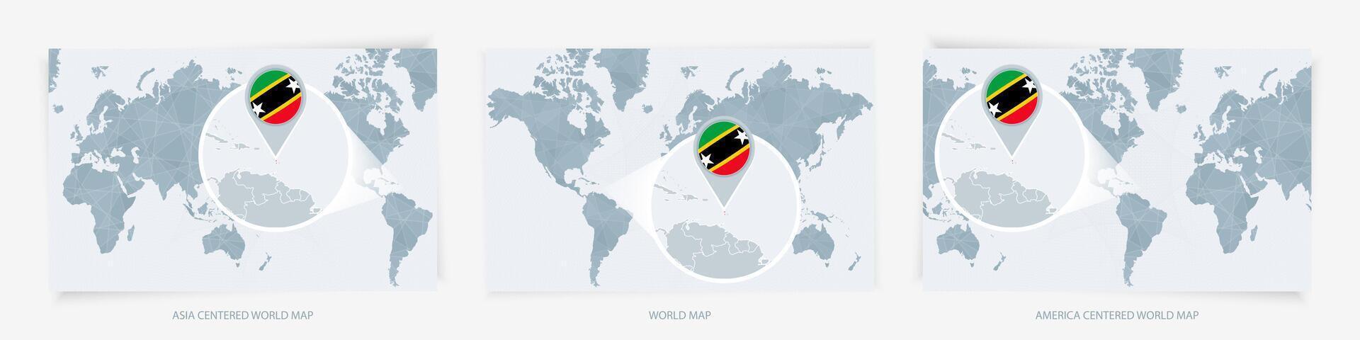 Three versions of the World Map with the enlarged map of Saint Kitts and Nevis with flag. vector