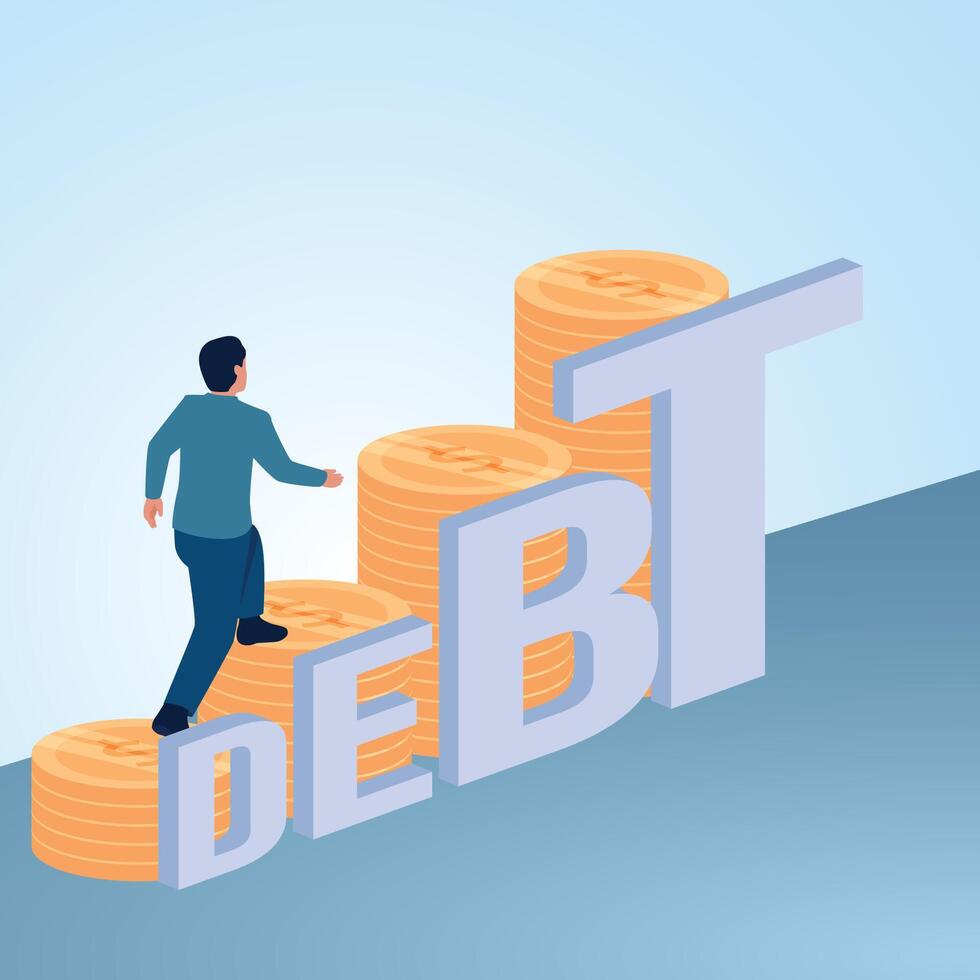 A man climbs a ladder of coins parallel to the word debt. Illustration for paying debts, paying off loans and being debt free. vector