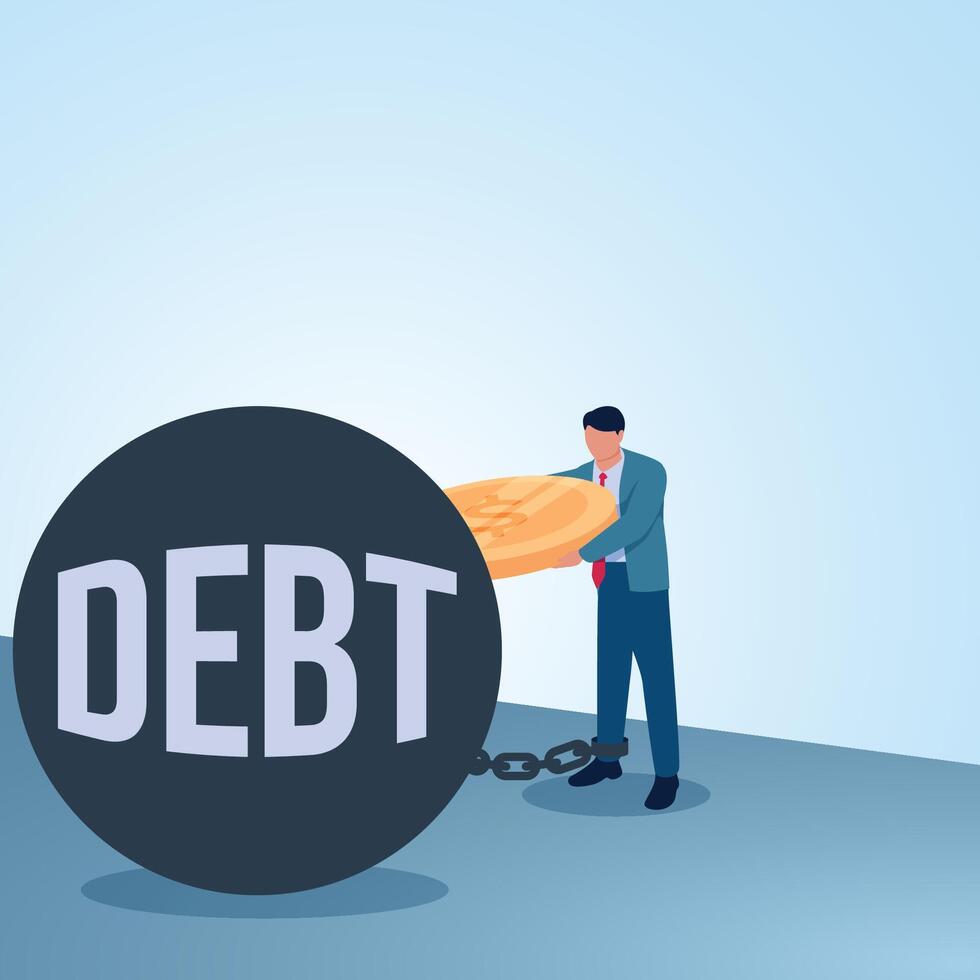 A man puts coins into a piggy bank of debt that chains him. Illustration for paying debts, paying off loans and being debt free. vector
