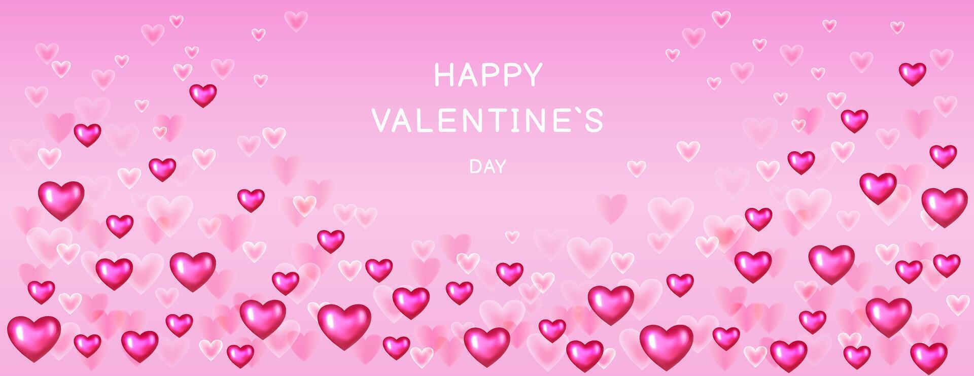 Romantic Valentine Day background featuring shiny pink and soft transparent hearts floating on a gradient pink backdrop with the text Happy Valentine Day. Ideal for festive cards, banners vector