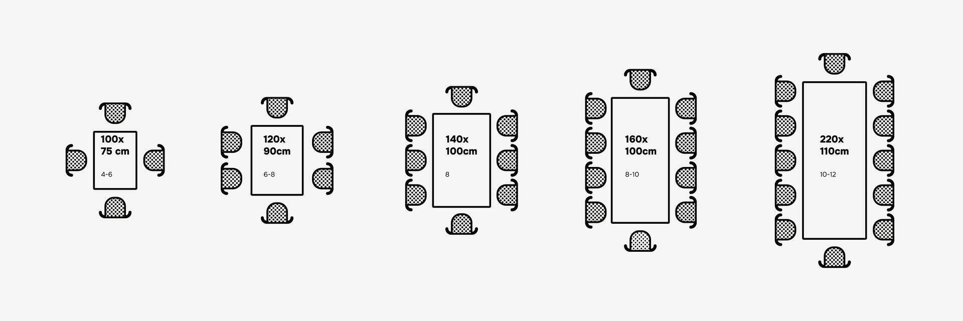 Rectangle tables with sizes and seats. Chairs and tables in scheme plan.Top view scheme. illustration vector