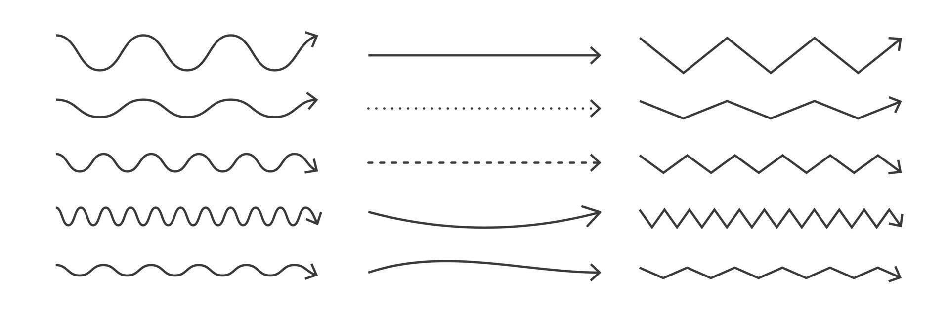 Zigzag and wave black arrows. Squiggle and dash arrows. Infographic elements. illustration vector