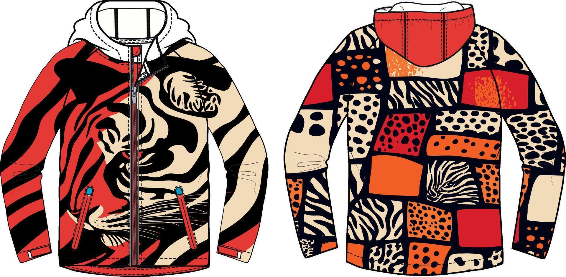 A red and white hoodie design with a zebra print patchwork, a graphic illustration of the front view of a unisex jacket with a hood vector