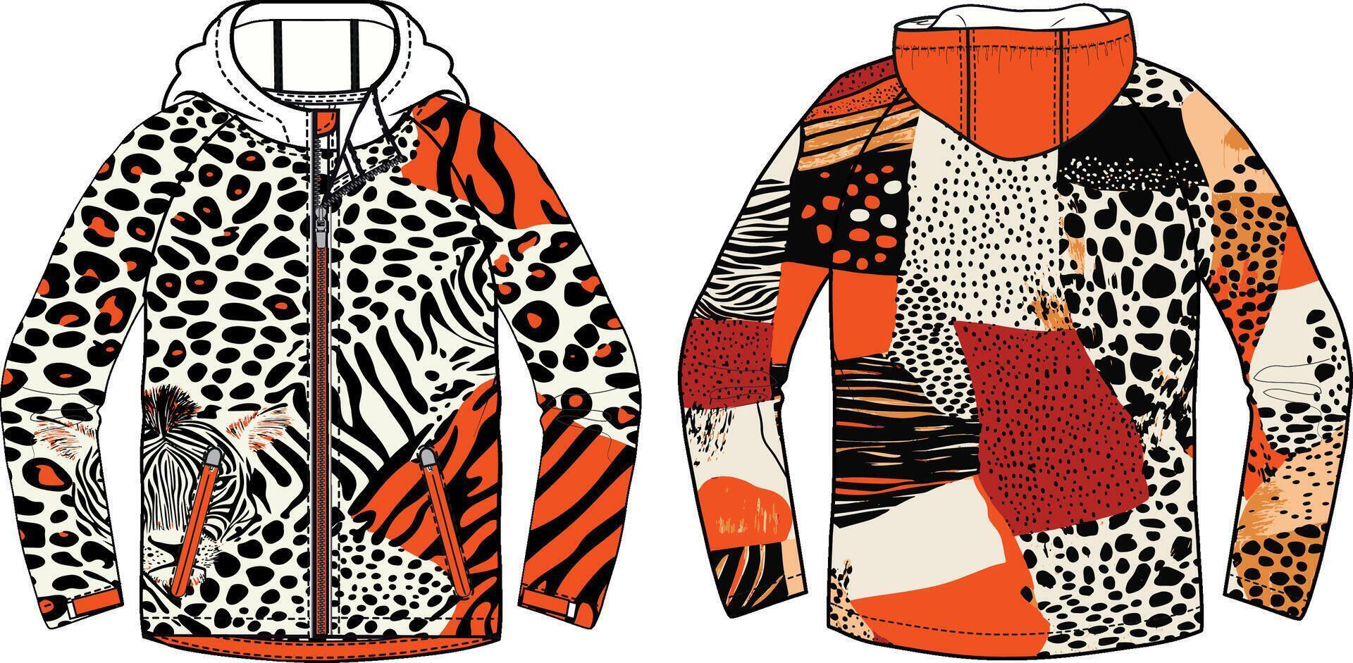 An orange, white, and black patterned design for the hoodie, featuring animal prints like zebra stripes, vector