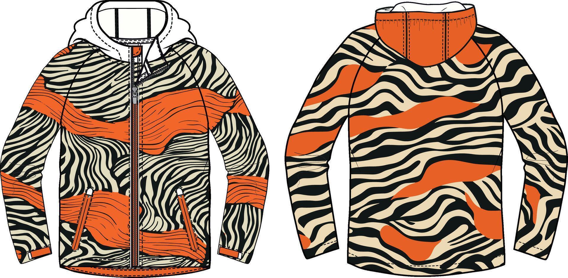 A design for an oversized windbreaker, inspired by the pattern of tiger stripes and cheetah spots vector
