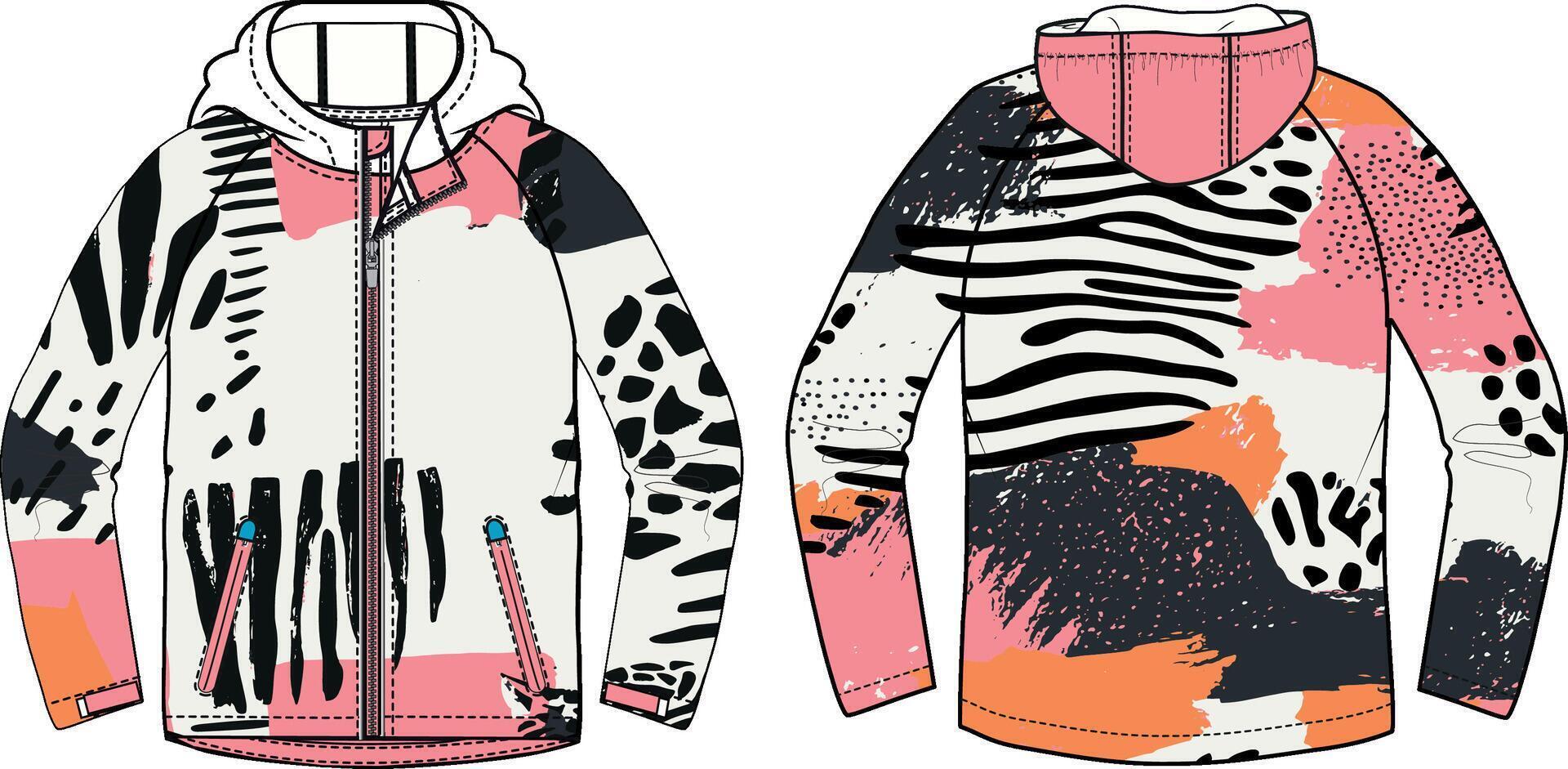 A hoodie design for women, with zebra stripes and pastel pink patterns on the front. vector