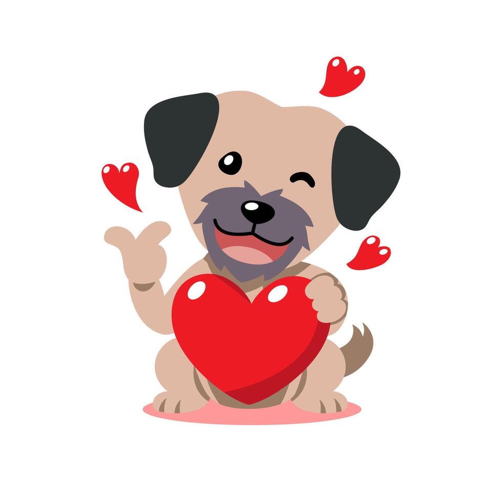 cartoon valentine dog holding a big red heart for design. vector