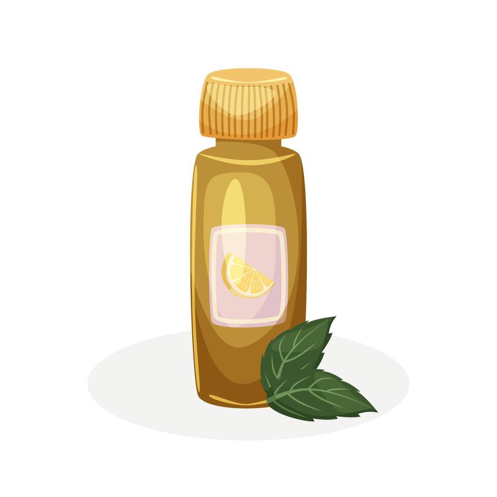 Lemon essential oil in a brown bottle and mint leaves. Spa and aromatherapy. Self care and work life balance. vector