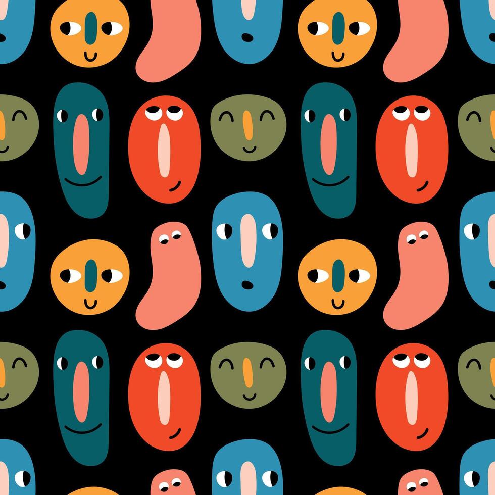 Abstract colorful faces seamless pattern. Funny characters on a black background. illustration for baby clothes, background, wrapping paper, sketchbook cover, phone case vector