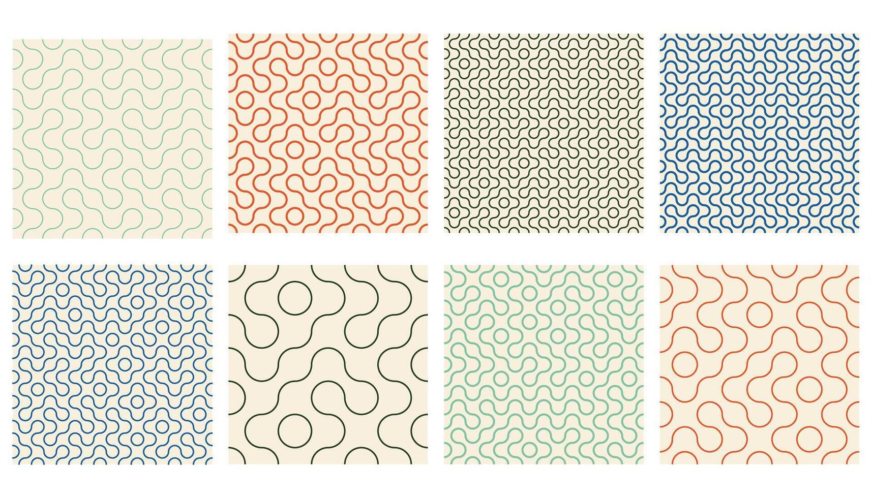 Truchet thin line round shapes seamless pattern collection. Contemporary style outline geometric mosaic patterns with rounded lines. Modern tilt mosaic background set. vector