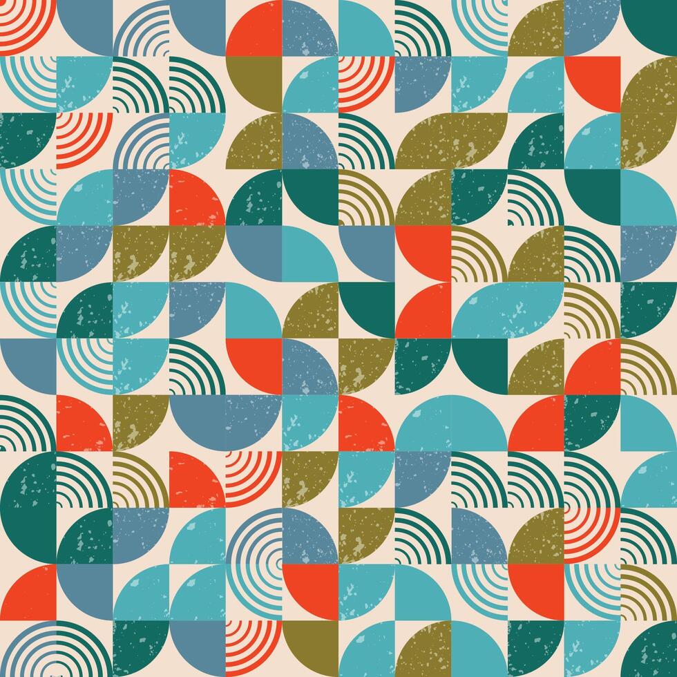 Mid Century Modern Geometric with Halftone, Bauhaus seamless pattern with grunge textures, geometric print . Modern trendy geometric pattern. vector