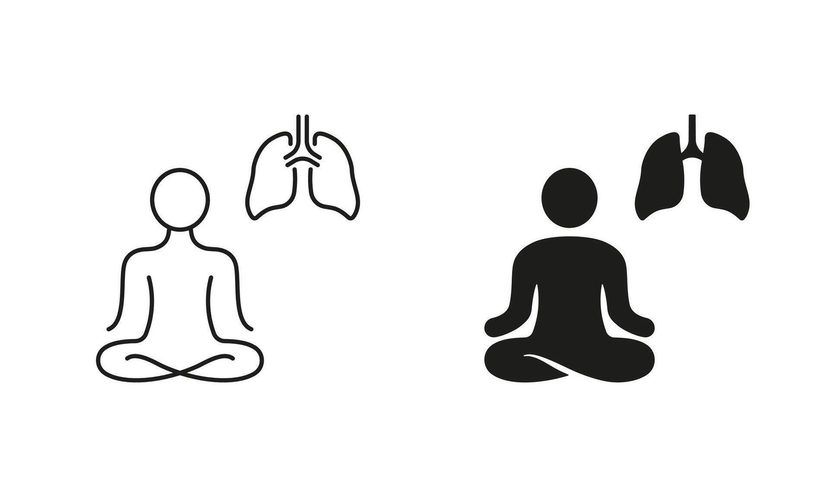 Mindfulness Pictogram. Relaxation, Wellness Symbol. Deep Breath Exercise Line and Silhouette Icon Set. Human Lung and Lotus Pose. Editable Stroke. Isolated Illustration vector