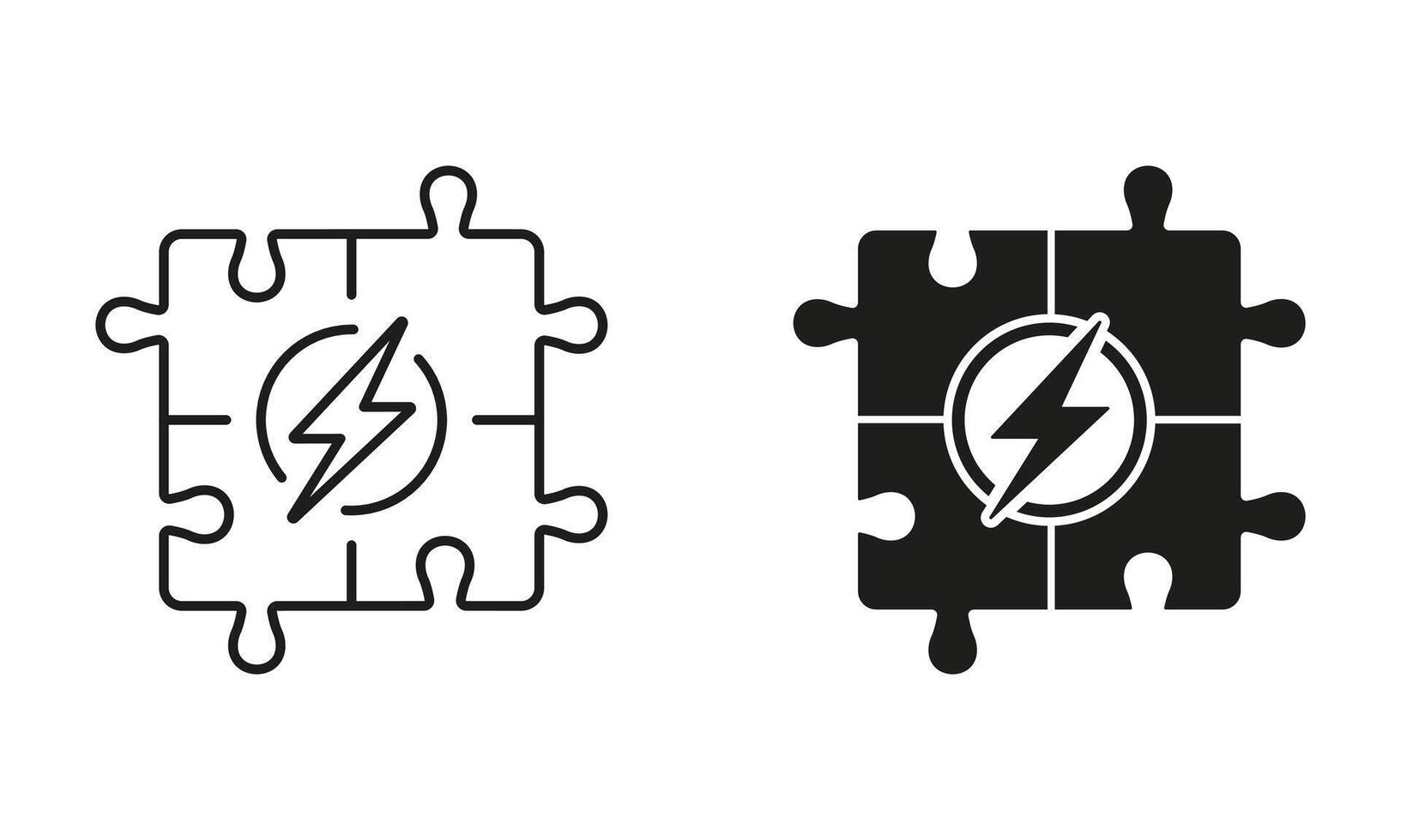 Brainstorming, Jigsaw Combination, Find Solution Line and Silhouette Icon Set. Teamwork Strategy Outline Sign. Editable Stroke. Isolated Illustration vector
