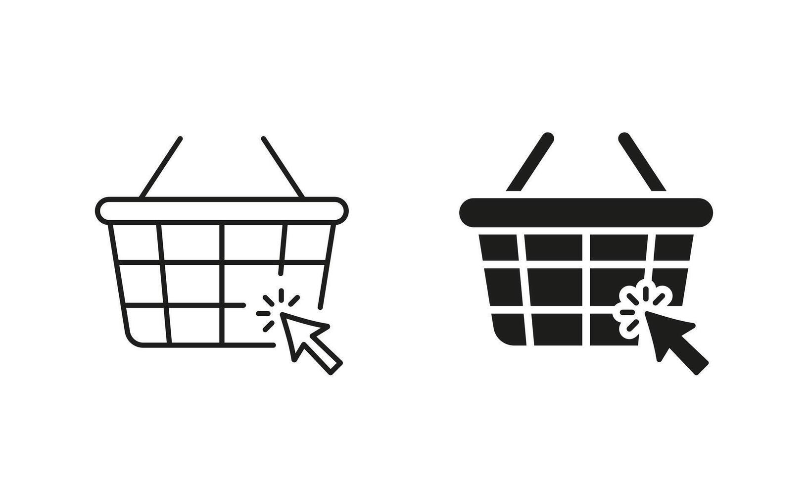 E Commerce Line and Silhouette Icon Set. Basket with Click Pointer Sign. Online Supermarket, Internet Grocery Store Pictogram. Shopping Bag Symbol. Editable Stroke. Isolated Illustration vector