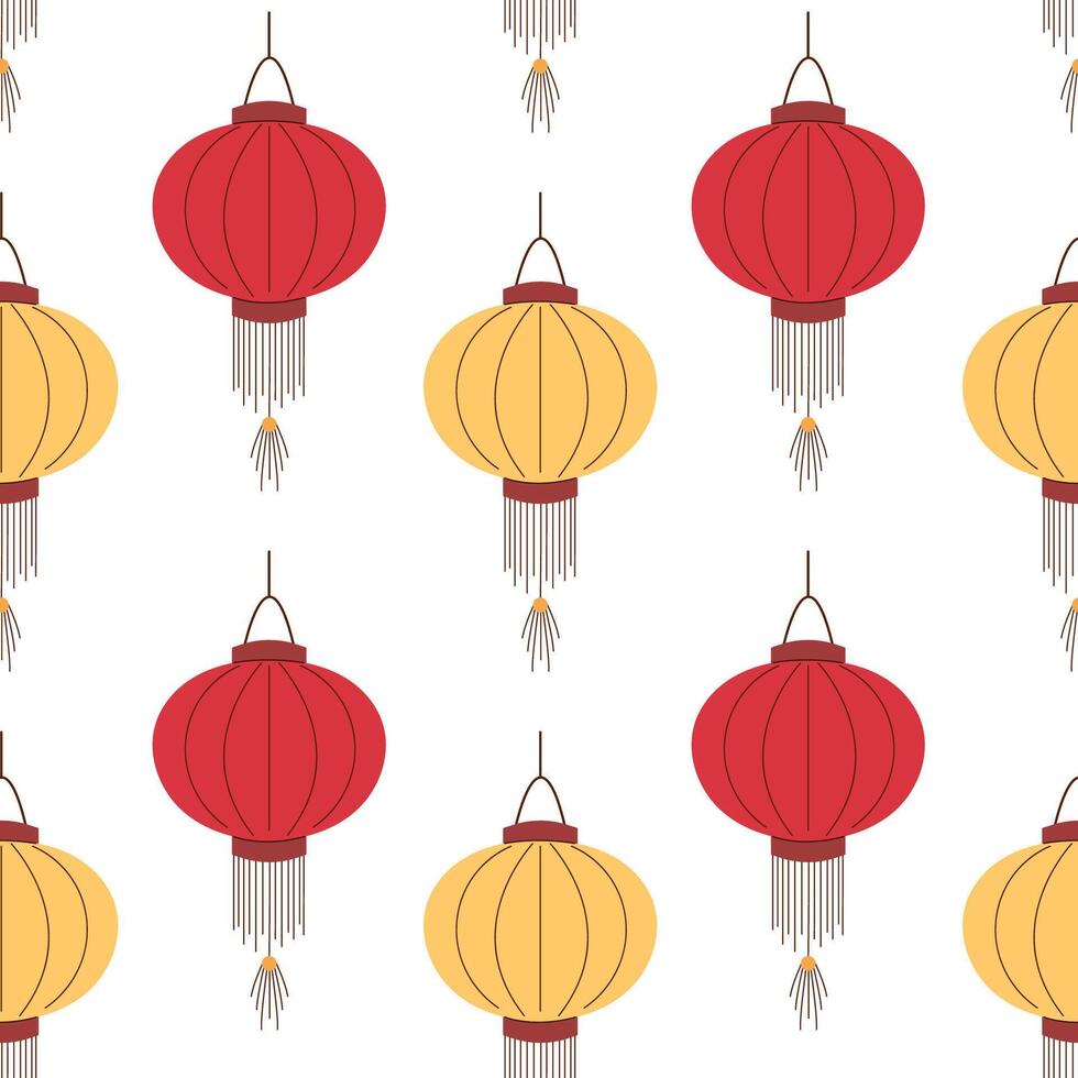 Seamless pattern of red and yellow Chinese lantern on a white background, ideal for festive, cultural or decorative design project in flat style. vector