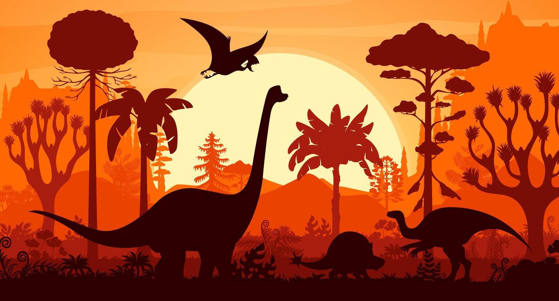 Prehistoric dinosaurs silhouettes in jungle sunset vector