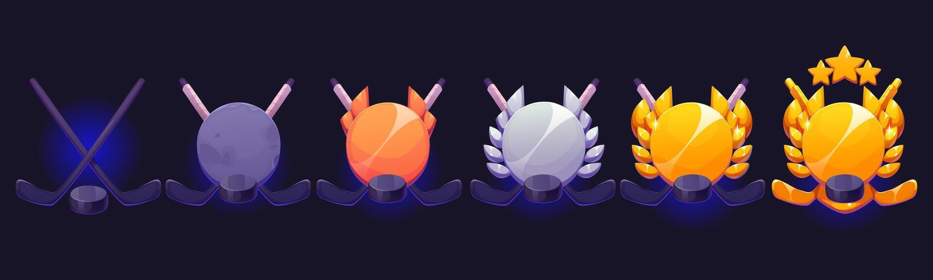 Game level rank badge icons, hockey sticks, pucks vector