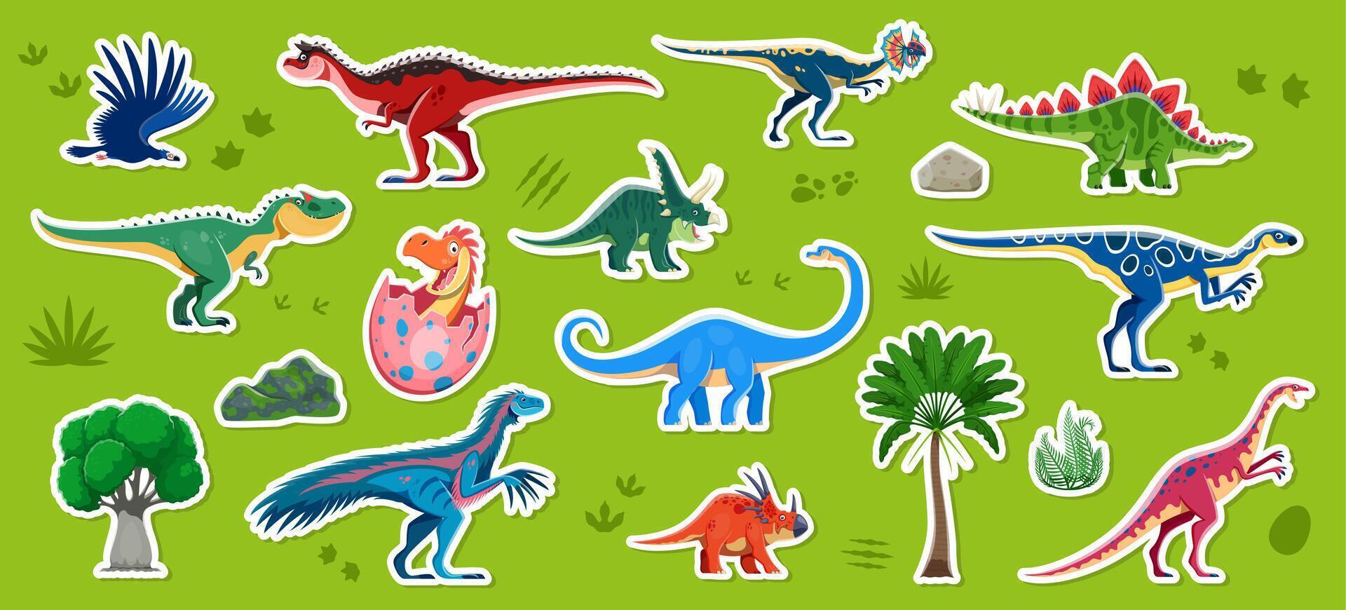 Dinosaur characters stickers, cartoon dino lizards vector