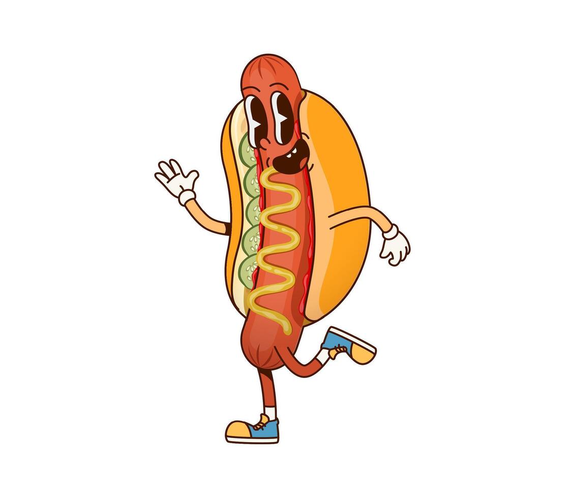Groovy fast food hot dog character with mustard vector