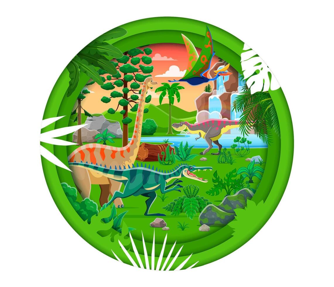 Paper cut landscape with dinosaurs vector
