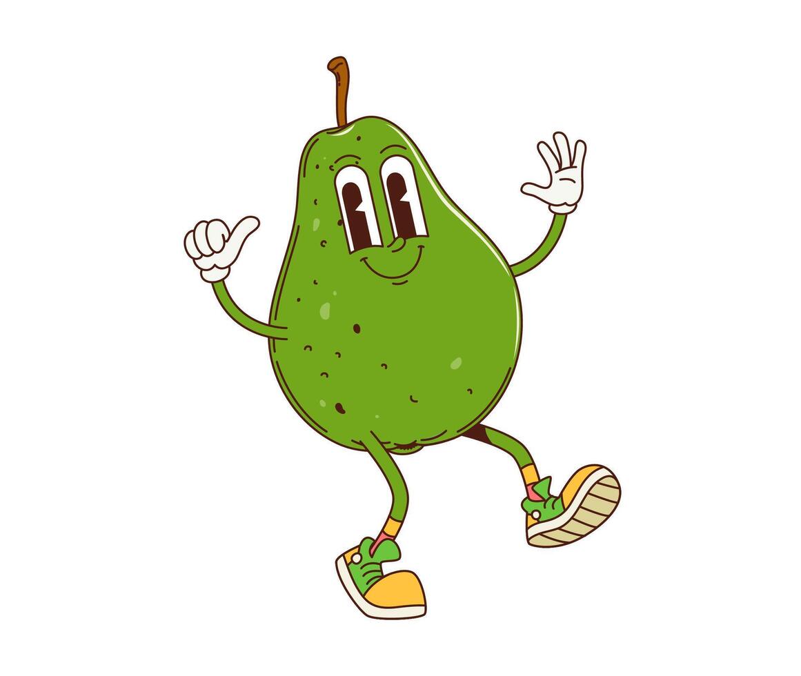 Cartoon retro groovy pear fruit funny character vector