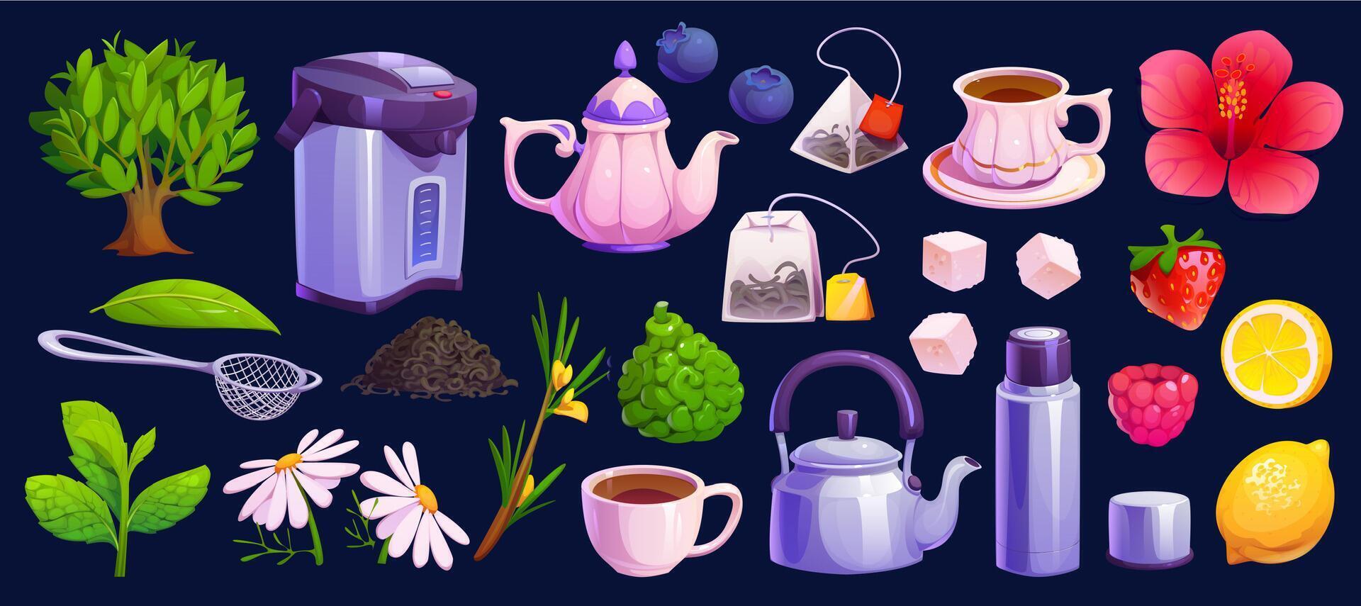 Flower herbal, fruit and berry cartoon tea set vector