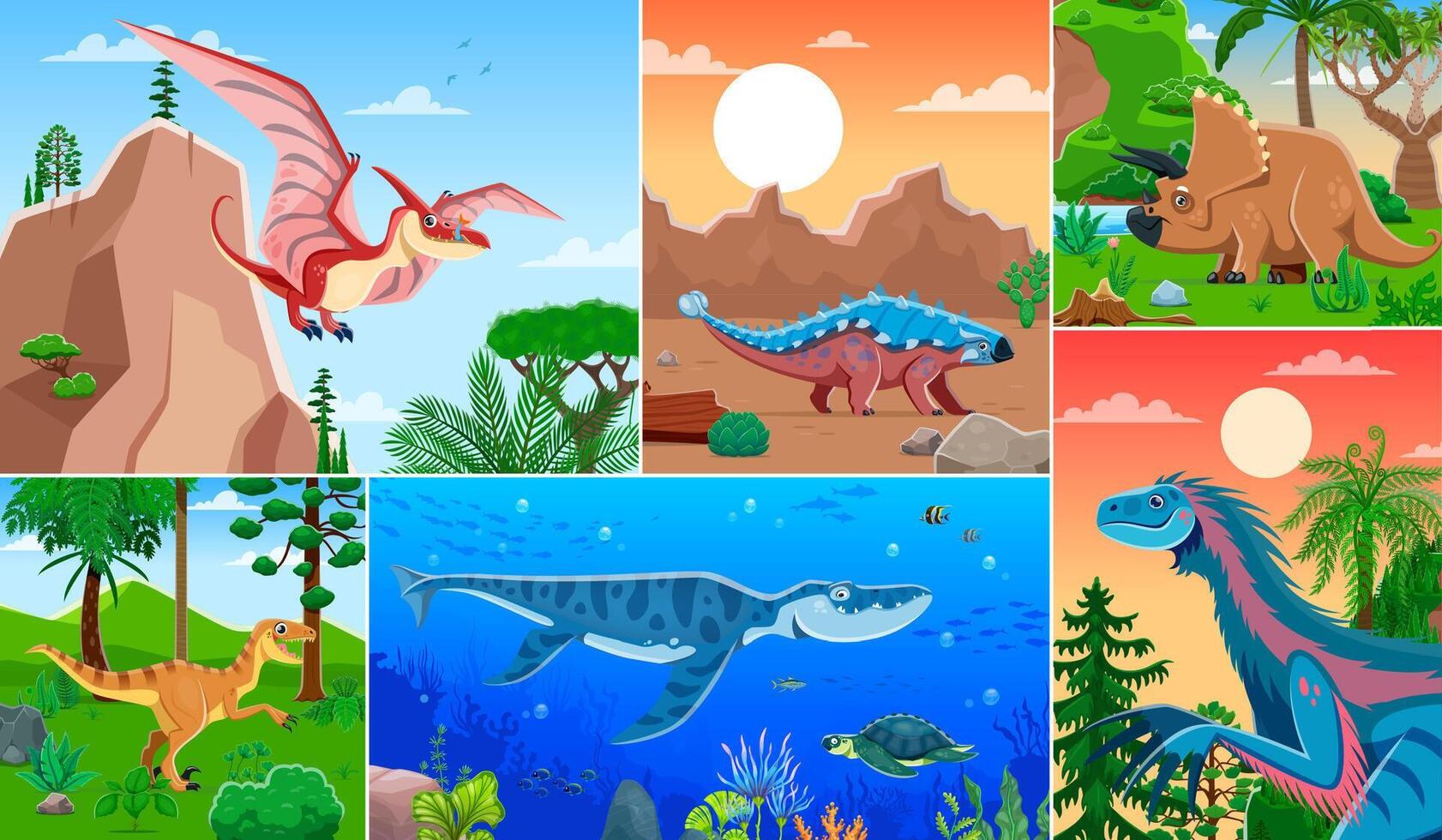 Prehistoric reptile dinosaur characters collage vector