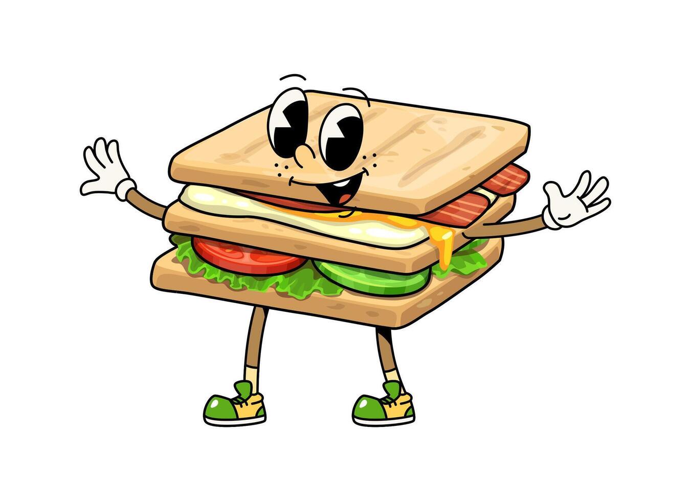 Groovy fast food sandwich character waving hands vector