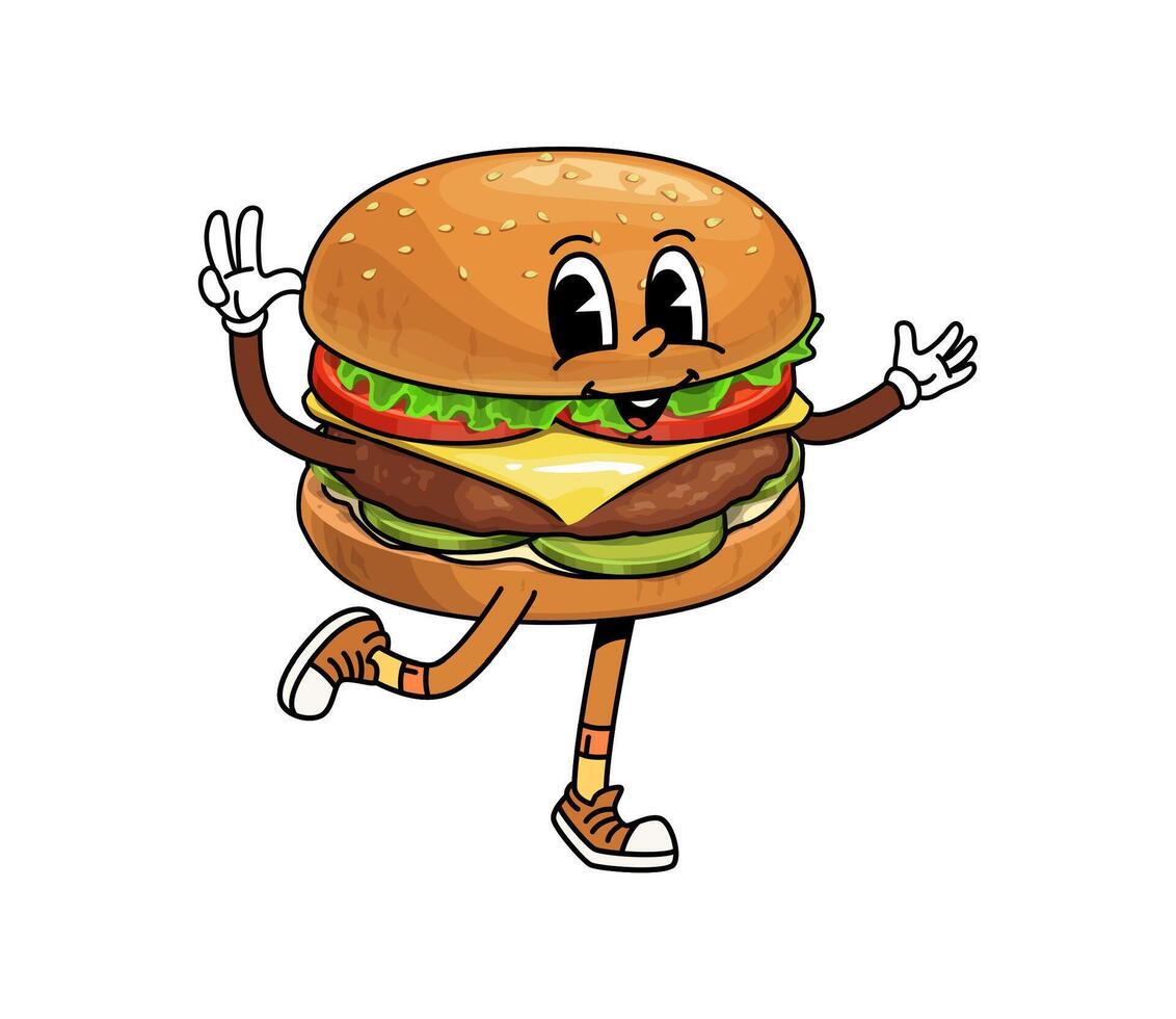 Groovy fast food cheeseburger cartoon character vector