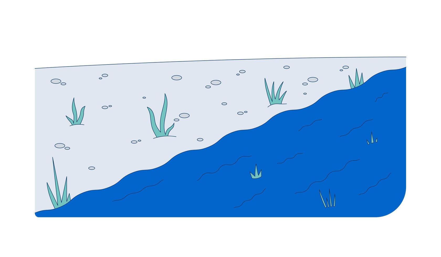 Cross-section of land with grass and water cartoon flat illustration. Scattered stones grassy shoreline. Natural landscape ecosystem 2D scene isolated on white background. colorful image vector