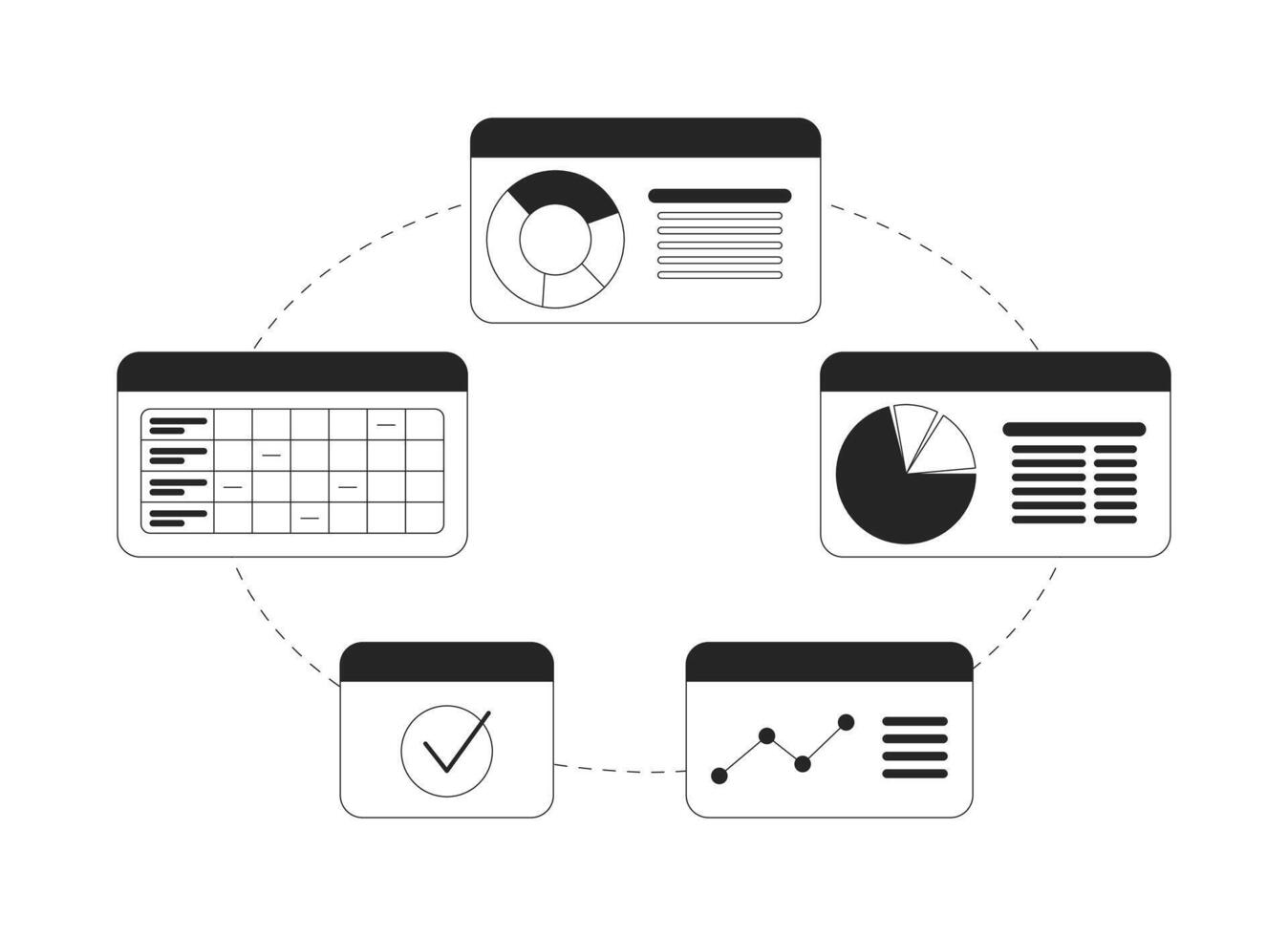 Interconnected circular business dashboard workflow black and white 2D line object. Data analysis. Information management isolated clip art outline item. Monochromatic spot illustration vector