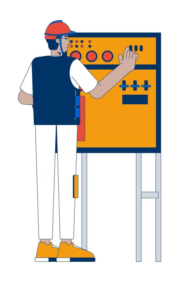 Indian male worker operating drilling control panel 2D cartoon character. Industrial equipment. South asian man operator isolated person flat on white background. Spot illustration colorful vector