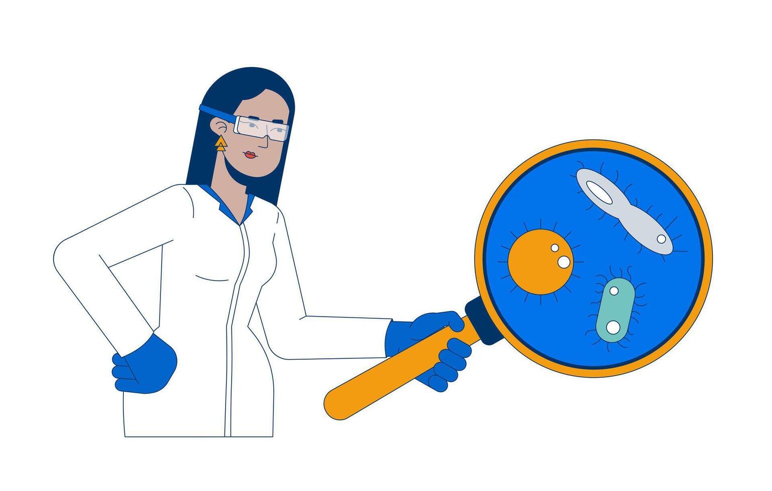 Female scientist examining microorganisms through magnifying glass 2D cartoon character. Microbiology researcher arab woman isolated person flat on white background. Spot illustration colorful vector