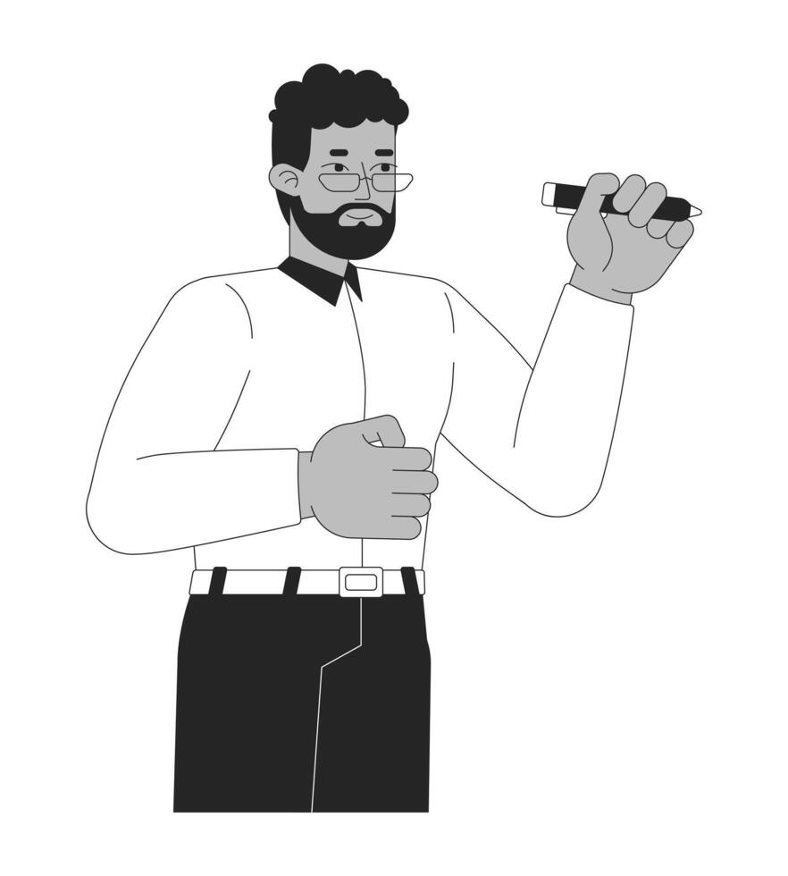 Professional african american man writing with pen marker black and white 2D line character. Goal-oriented black entrepreneur isolated outline person. Monochromatic spot illustration vector