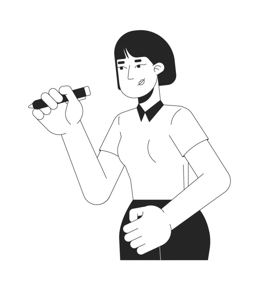 Professional asian woman writing with pen marker in hand black and white 2D line character. Korean office worker poised to write isolated outline person. Monochromatic spot illustration vector