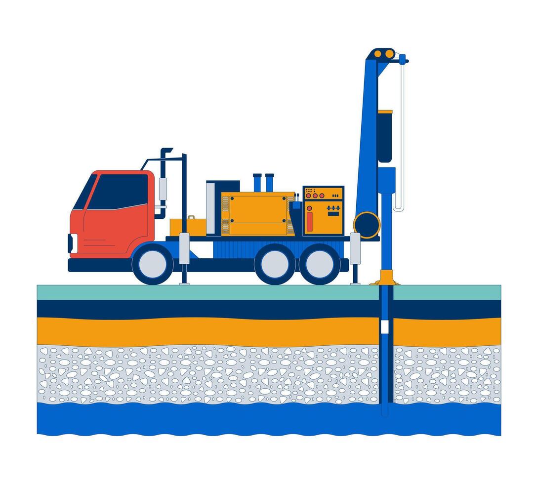 Water well drilling truck and ground layers cartoon flat illustration. Soil, rock, groundwater. Resource extraction. Industrial equipment 2D scene isolated on white background. colorful image vector