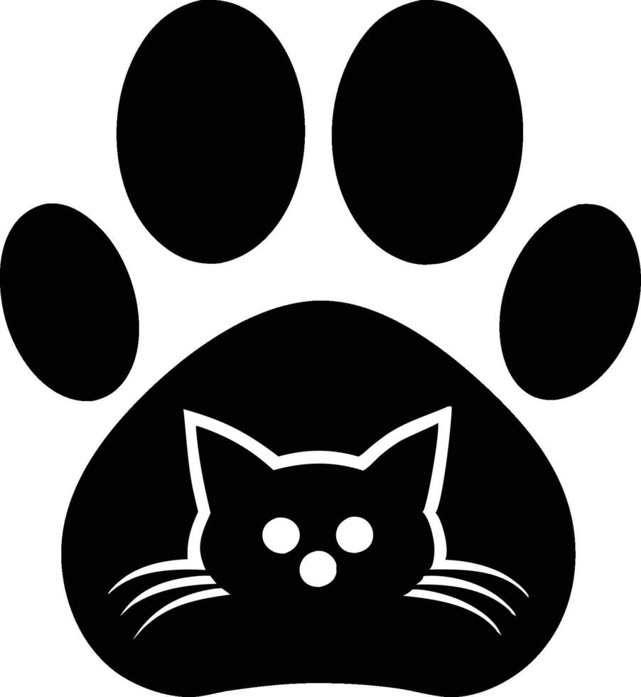 Black and white illustration paw print silhouette cat face. vector