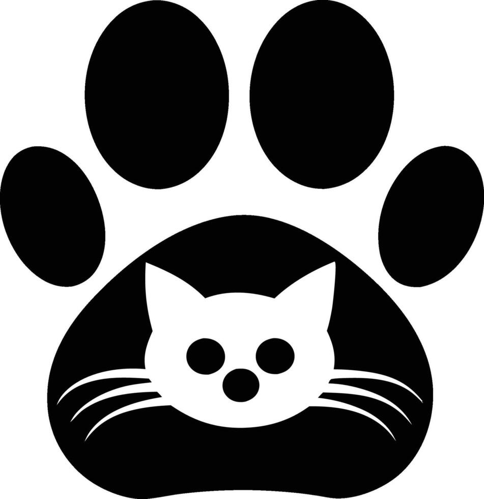 Black and white illustration cat face paw print shape. vector