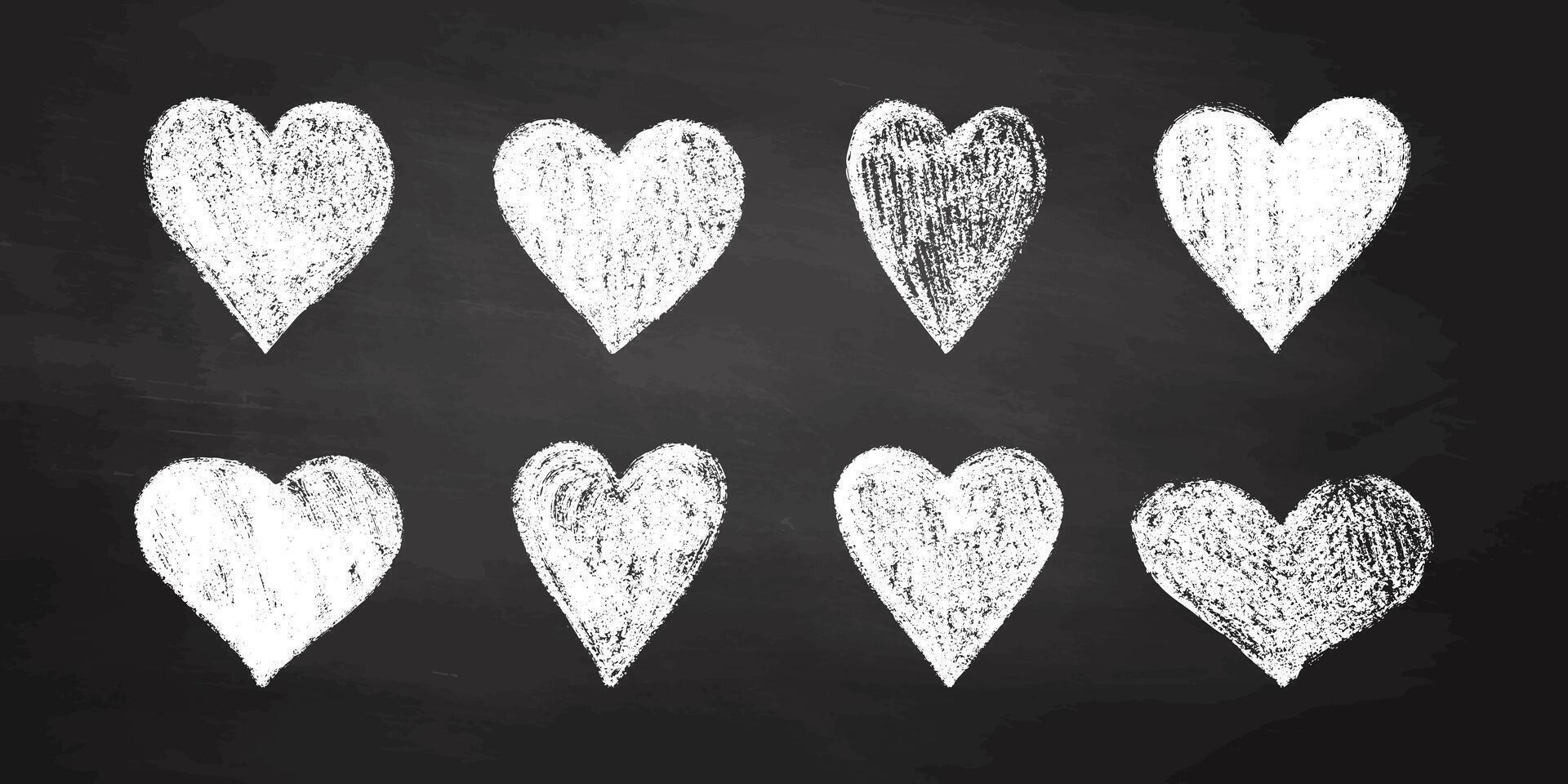 Hand-drawn white hearts on black chalkboard background, textured sketch style vector