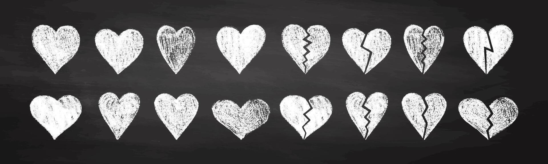 Hand-drawn chalk heart collection on blackboard with broken and whole designs vector