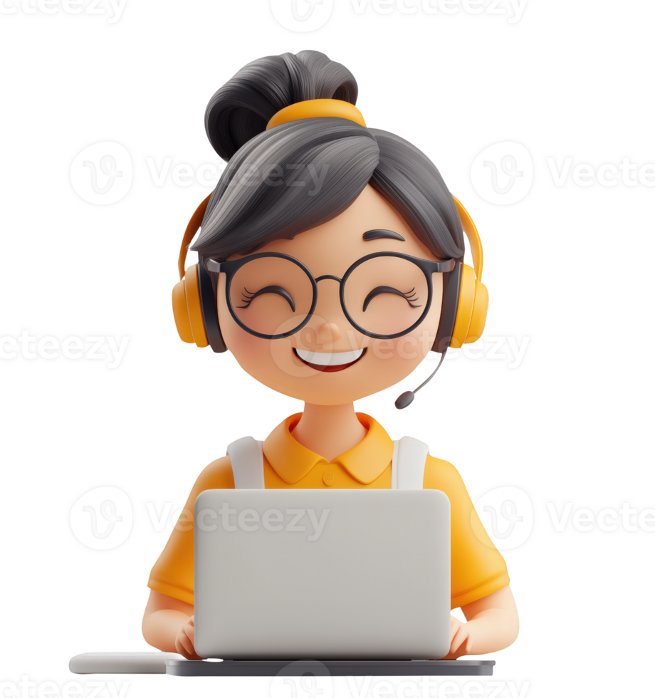 3D icon stylish smiling woman with glasses and laptop, online learning avatar cartoon hipster character, close up portrait on isolated on transparent background png