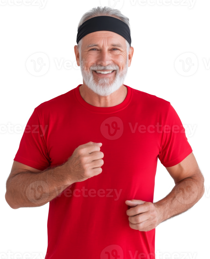 Active senior man with white beard wearing a red shirt and black headband running png