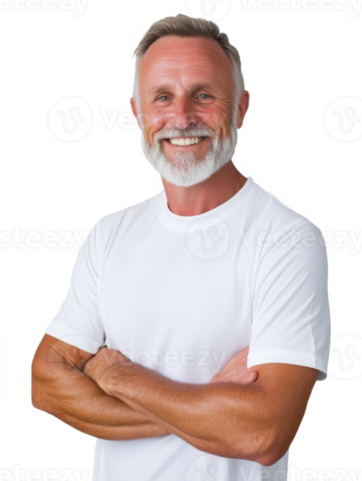Portrait of a mature man with a white t-shirt and crossed arms smiling at the camera png