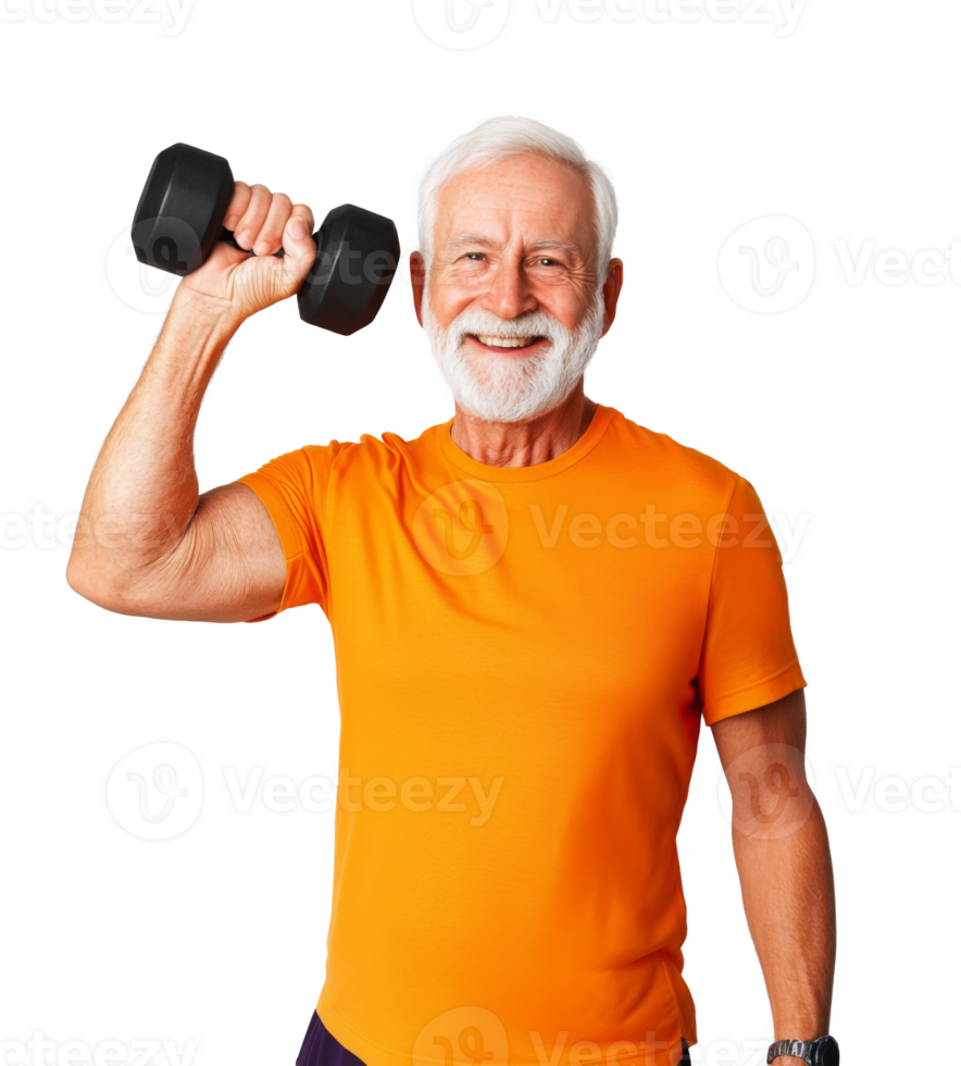Senior man with white hair and beard lifting a dumbbell while smiling png