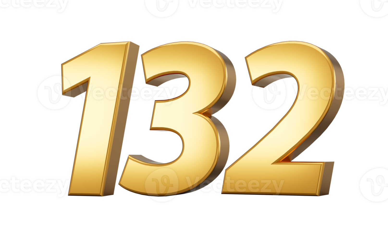 3d number 132 one hundred thirty two Gold text with reflection 3d illustration png