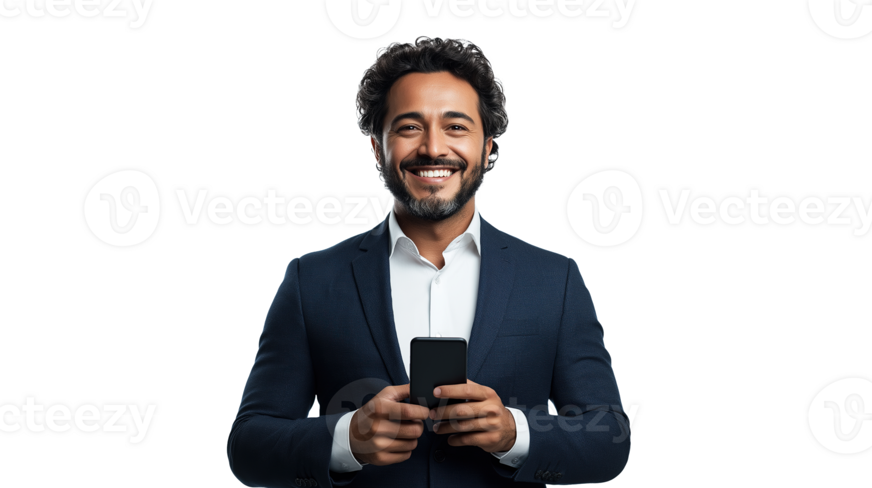 Happy Businessman Holding a Smartphone, Isolated on Transparent Background png