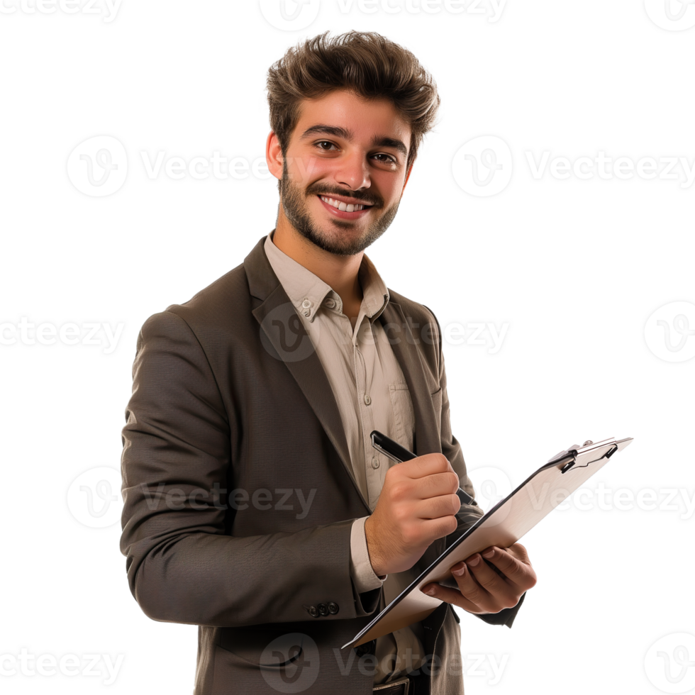 Young Businessman Taking Notes on a Clipboard with Transparent Background png