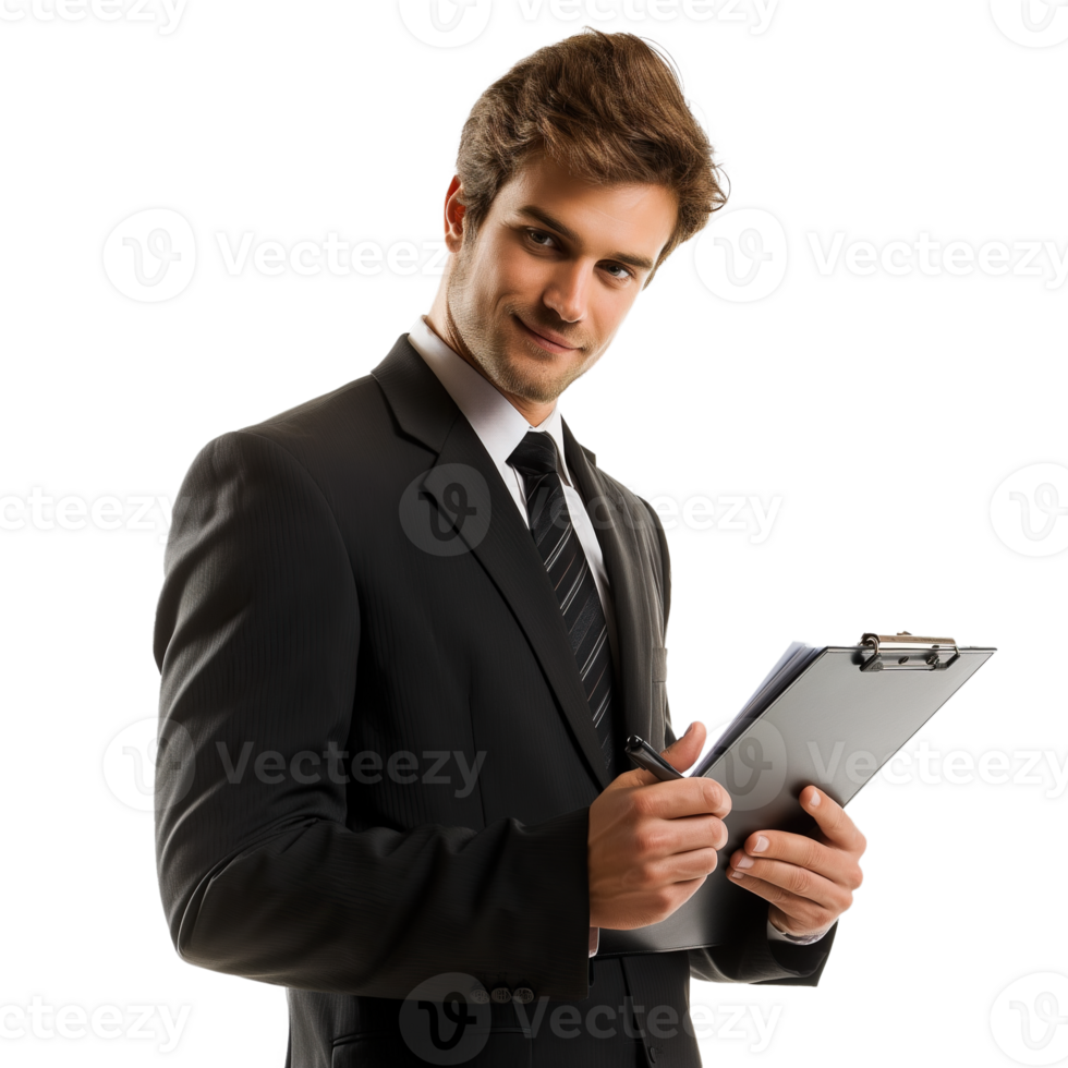 Confident Young Businessman Writing on a Clipboard On Transparent Background png