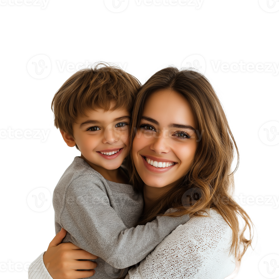 Smiling Mother Hugging and Having Fun with Her Son, Family Relationship and Motherhood Concept on Transparent Background, Mother's Day png